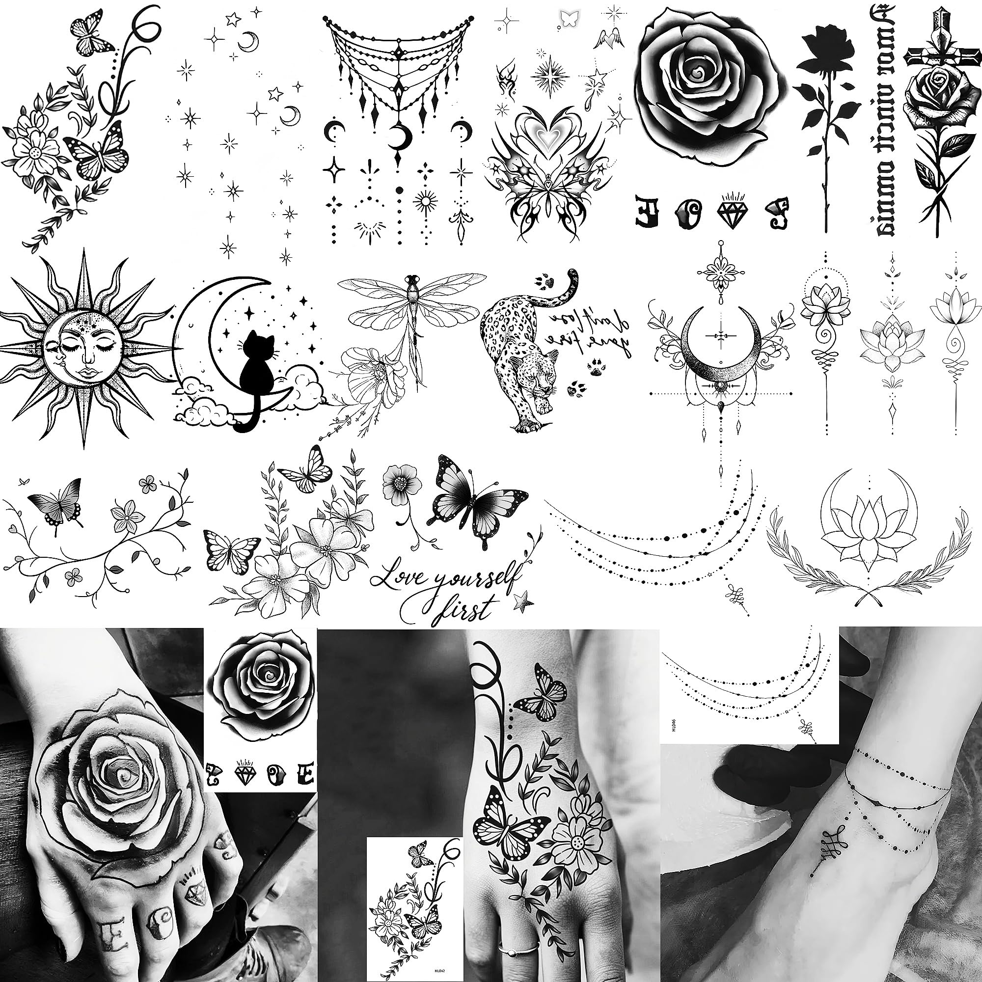 Photo 1 of 17 Sheets Beautiful Lotus Butterfly Flowers Temporary Tattoos For Women Adults Hands Temp Tattoo Sticker, Waterproof Realistic Rose Crescent Moon Fake Jewelry Pendants Tattoos For Feet Clavicle Tatoos