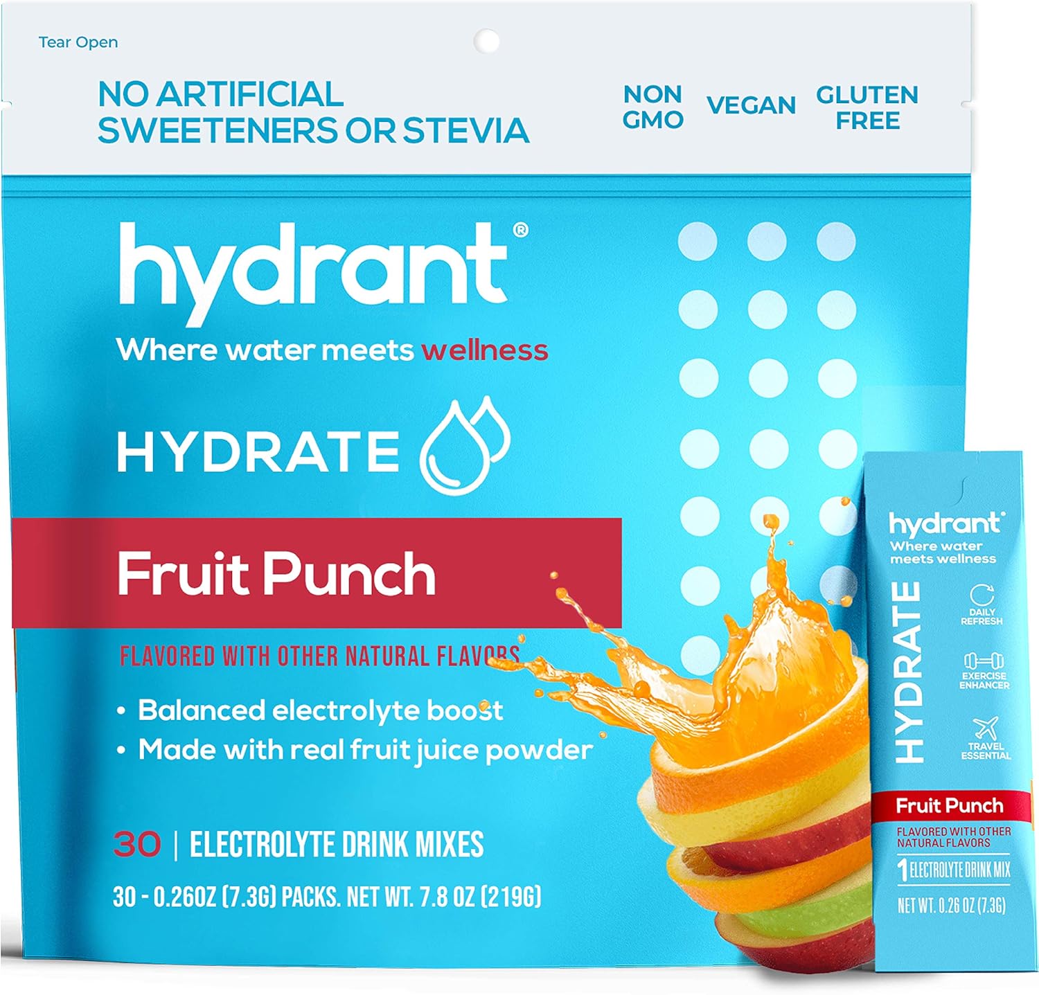 Hydrant Summer Hydrate Fruit Punch (30 Stick Packs) Electrolyte Powder Rapid Hydration Mix, Hydration Powder Packets Drink Mix, Helps Rehydrate Better Than Water