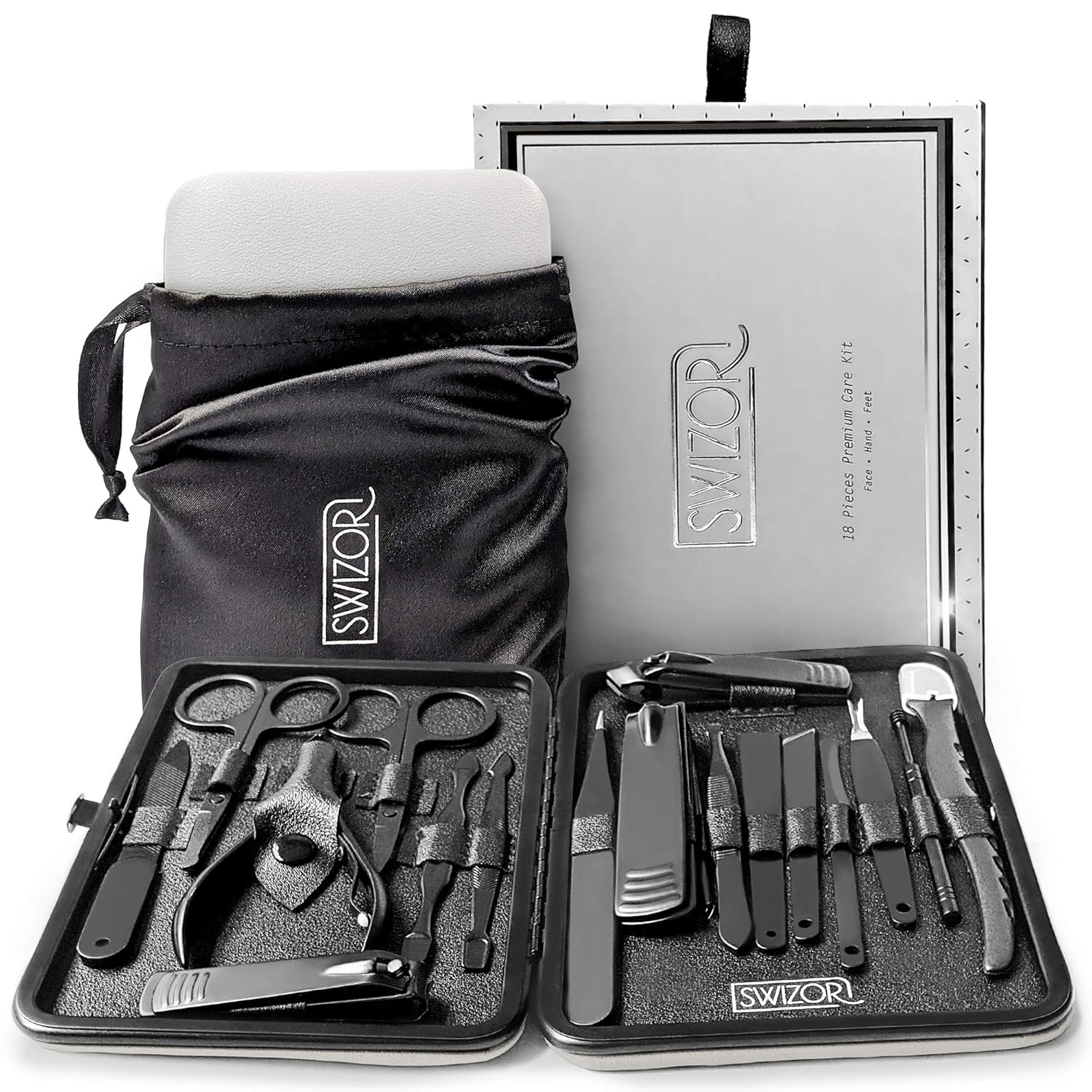 Swizor Pedicure and Manicure Set - Luxury Fingernail & Toenail Grooming Kit for Men & Women - Professional Nail Care Essentials for Personal Use, Salon, Spa, Travel - Stainless Steel in Leather Case : Beauty
