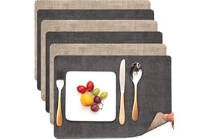 Myir JUN Placemats Dual Sided, Faux Leather Place Mats Set of 6 Indoor Placemats for Dining Table Outdoor Placemats Manteles Individuales Square Non-Slip Washable Table Mats (Gray Beige, Set of 6)