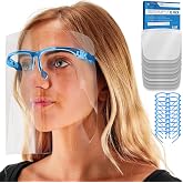 Salon World Safety Face Shields with Blue Glasses Frames (Pack of 10) | Ultra Clear Protective Full Face Shields to Protect Eyes, Nose, Mouth - Anti-Fog PET Plastic Sanitary Droplet Splash Guard