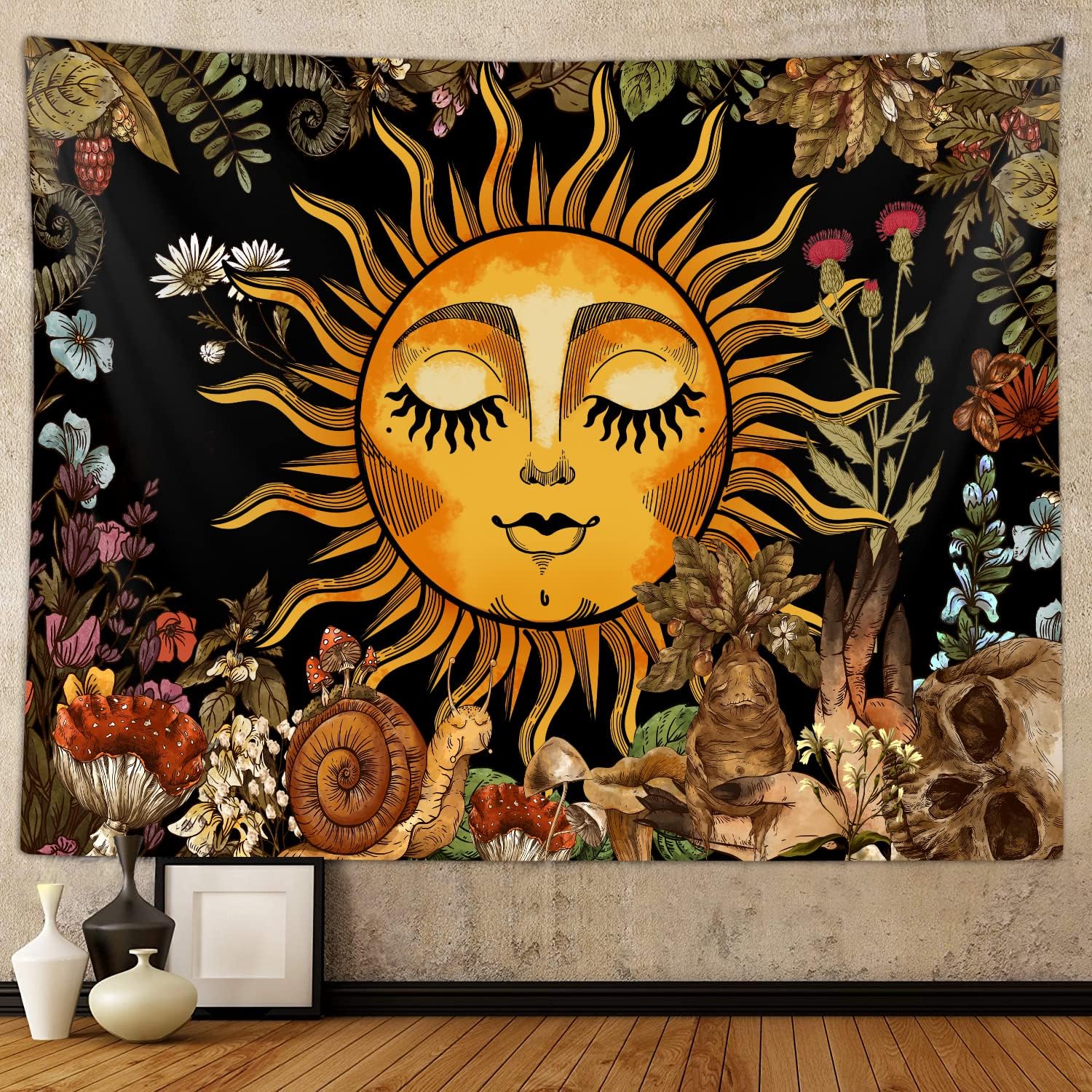 Tapestries - Boho Sun Tapestry for Bedroom Aesthetic, Vintage Plant Mushroom Botanical Sun and Moon Art Tapestries Wall Hanging for Dorm Living Room Decor 80X60, Fairy Poster Blanket