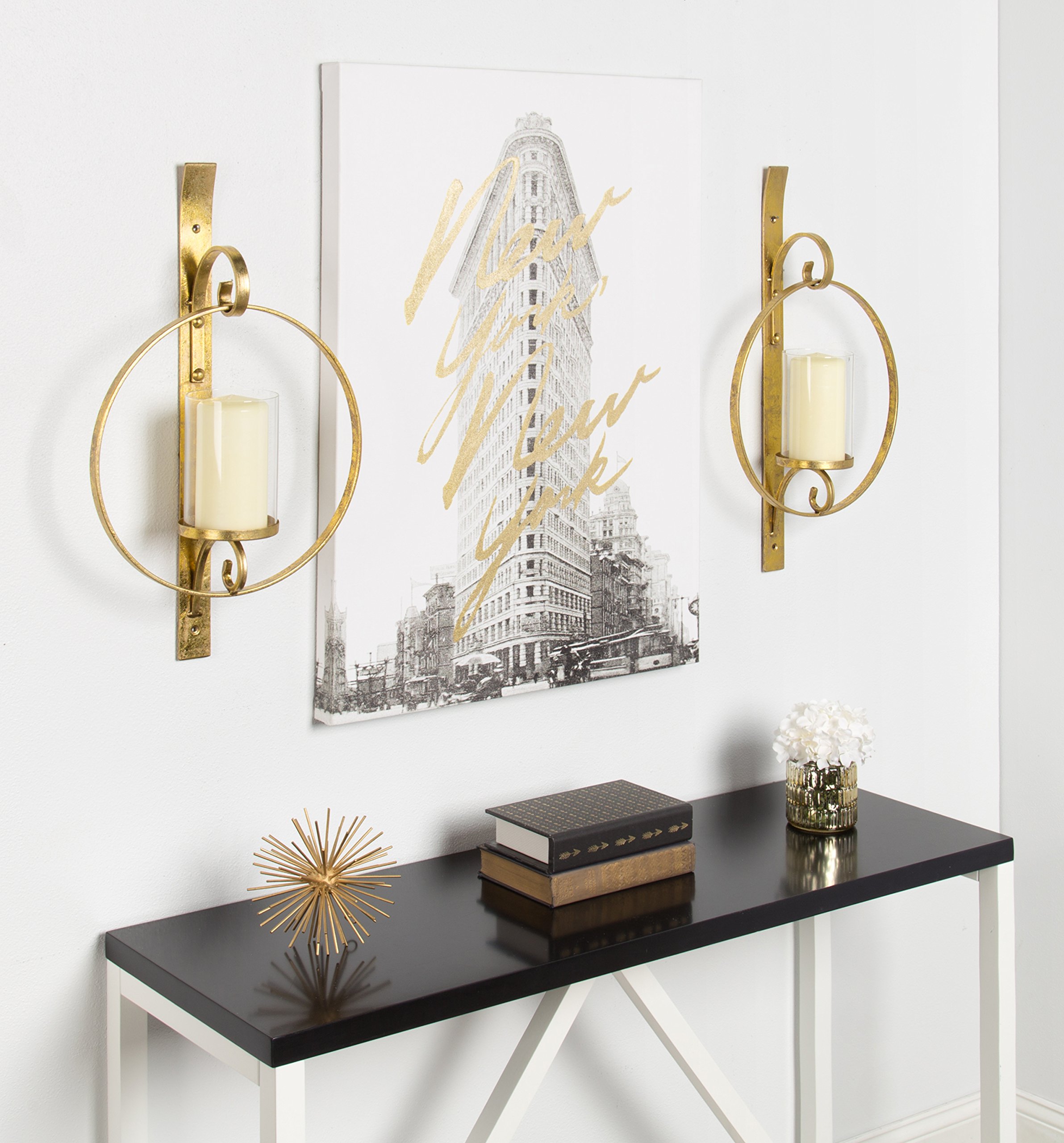 Kate and Laurel Doria Metal Wall Candle Holder Sconce, Gold Leaf Finish, Includes 6 inch Glass Pillar