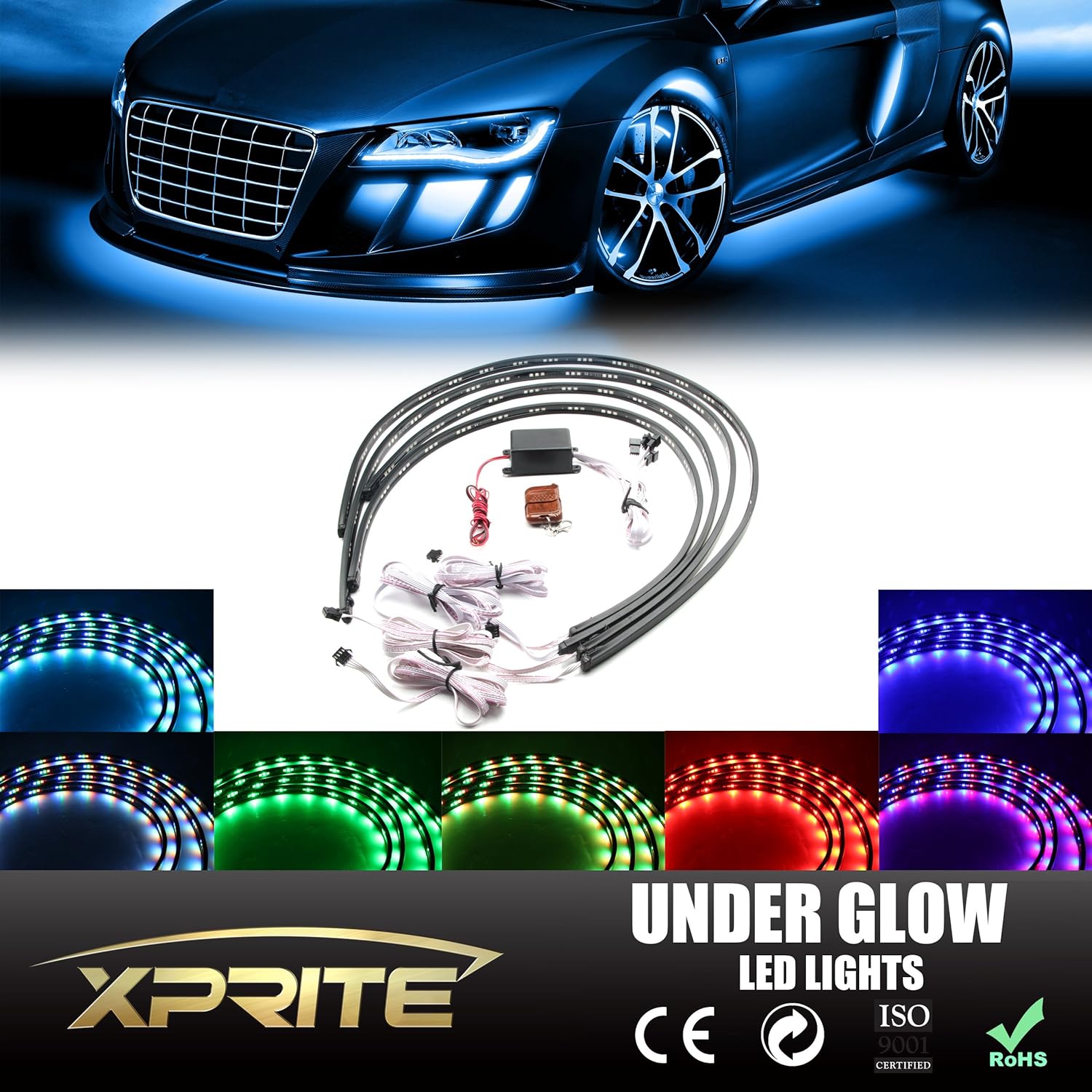Xprite 7 Color Car Underglow LED Neon Strip Lights Kits, New Version