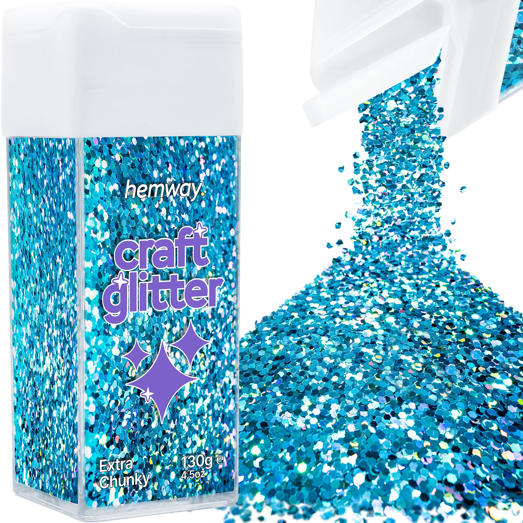 Hemway Glitter Shaker Ocean Blue Holographic 130g Extra Chunky, Craft Glitter Shaker for Resin & Epoxy Crafts, Christmas Art Supplies, Nail, Body, Face, Eye, Festival, Crafting, Slime, Sparkle