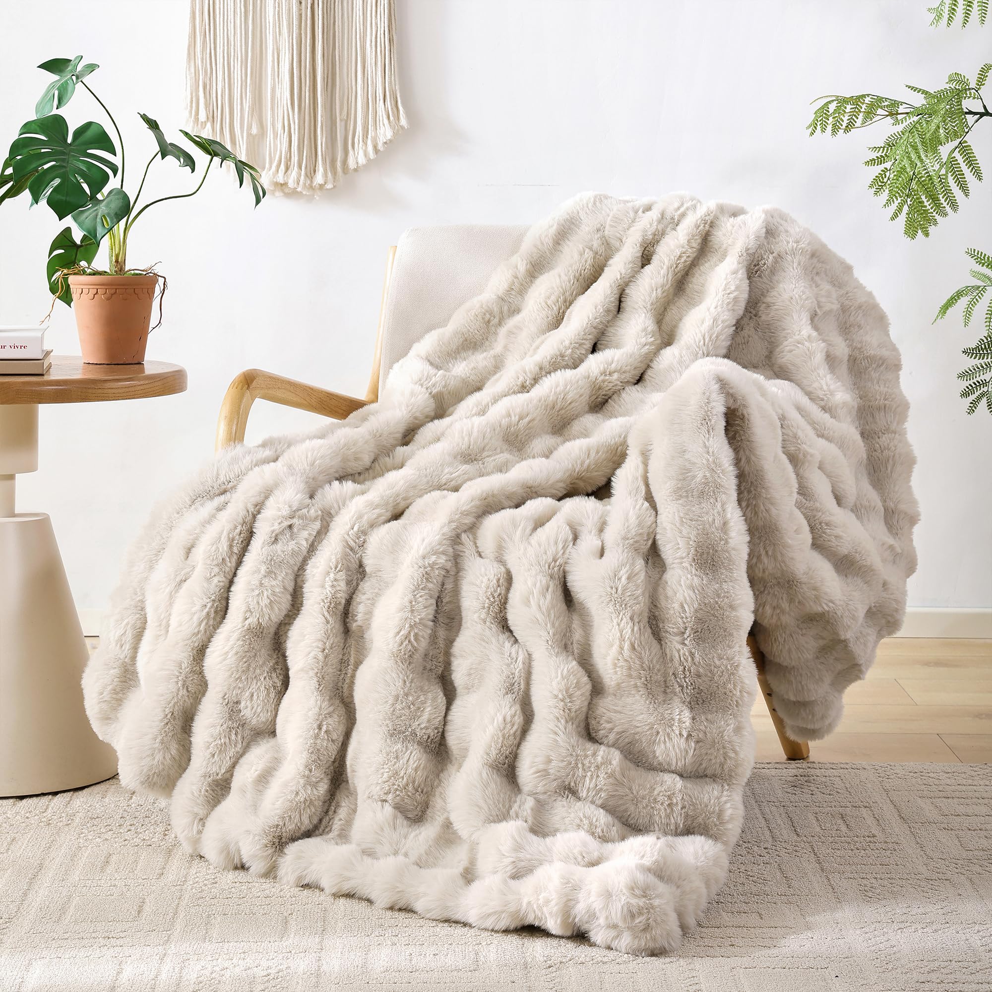 Photo 1 of Smoofy Faux Fur Throw Blanket for Couch Rabbit Fleece - Linen Fluffy Blanket for Sofa Bedroom Living Room, Cozy Soft Plush Luxury Thick Winter Fuzzy Comfy Bubble Blanket - 50" x 60"