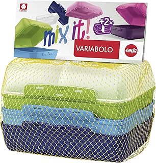 Emsa 517053 Variabolo 4-teiliges Frischhaltedosen Boys-Set, 16 x 11 x 7 cm, beidseitig zu öffnen, platzsparend ineinander stapelbar, blau/grün