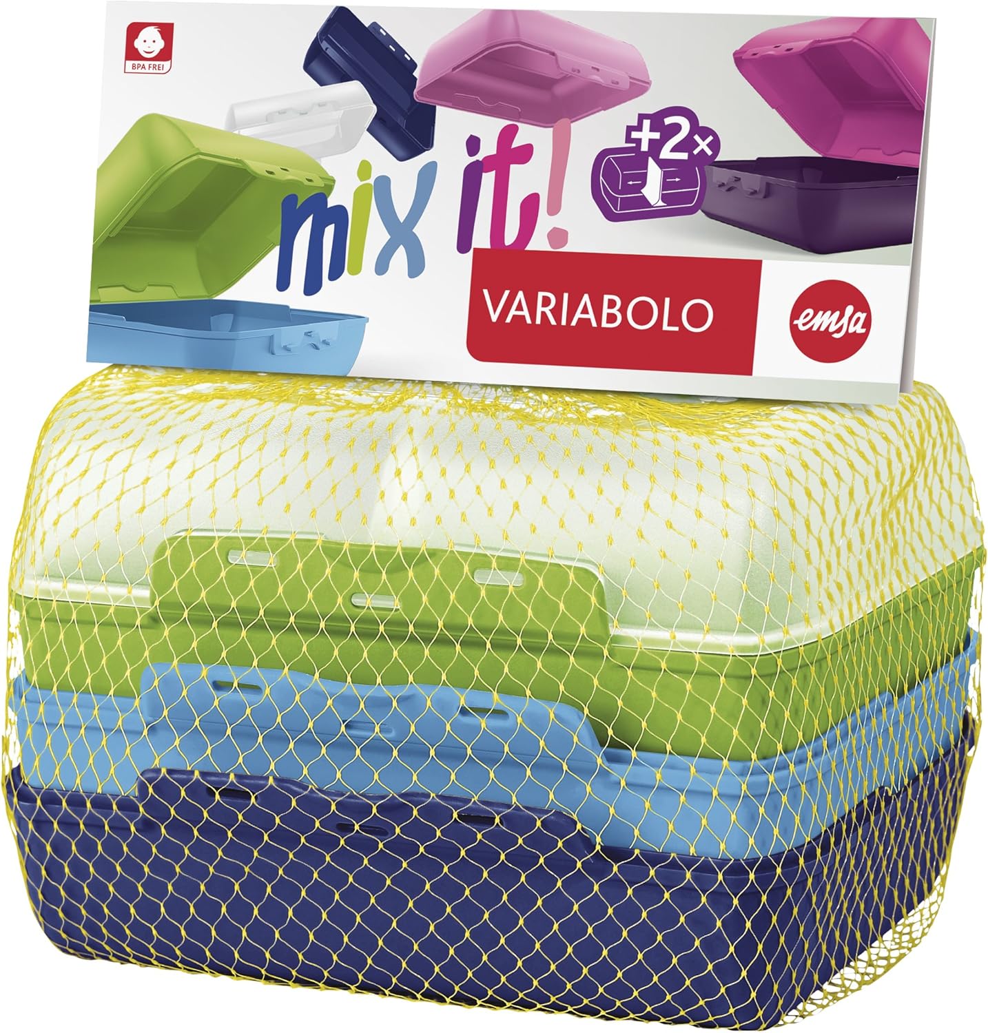 Emsa 517053 Variabolo 4-teiliges Frischhaltedosen Boys-Set, 16 x 11 x 7 cm, beidseitig zu öffnen, platzsparend ineinander stapelbar, blau/grün