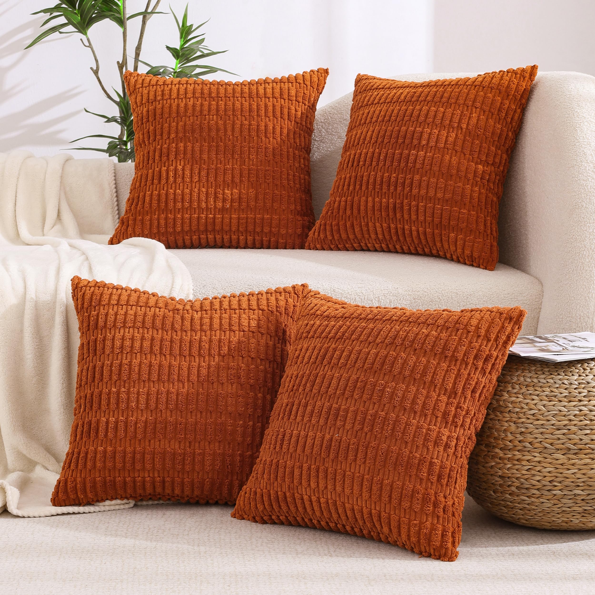 All Smiles Cushion Covers 45x45 cm Decorative Throw pillow covers Rustic Boho Farmhouse Home Corduroy Square Cushion Case 18x18 Set of 4 for Living Room Couch Bed Sofa, Rust Terracotta Orange — image 1