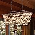 Wellmet Dining Room Crystal Chandelier,30 inch Antique Bronze Rectangle Crystal Ceiling Light,4 Lights Farmhouse Kitchen Island Lighting,Adjustable Hanging Light Fixtures