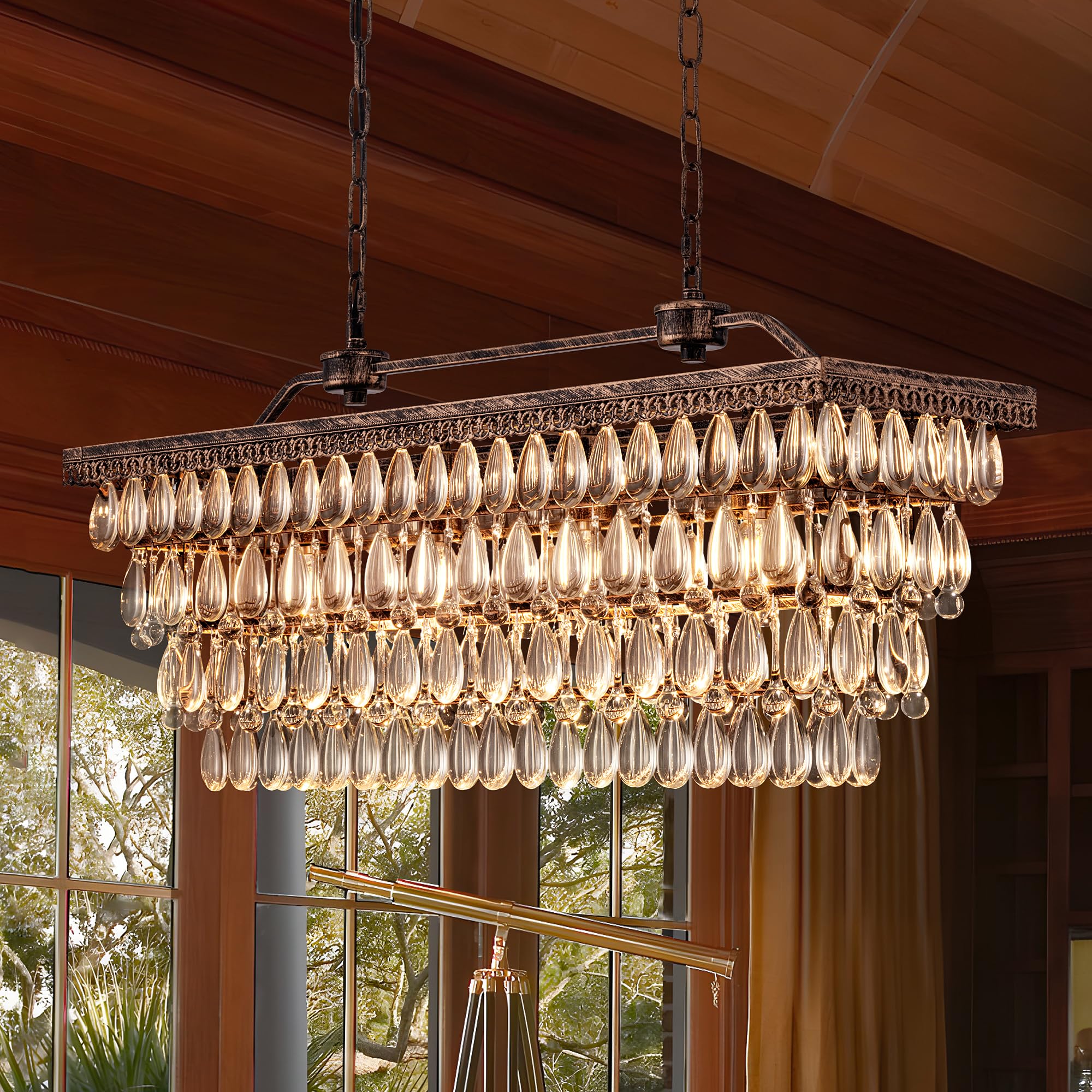 Photo 1 of ****FACTORY SEALED**** Wellmet Dining Room Crystal Chandelier,30 inch Antique Bronze Rectangle Crystal Ceiling Light,4 Lights Farmhouse Kitchen Island Lighting,Adjustable Hanging Light Fixtures