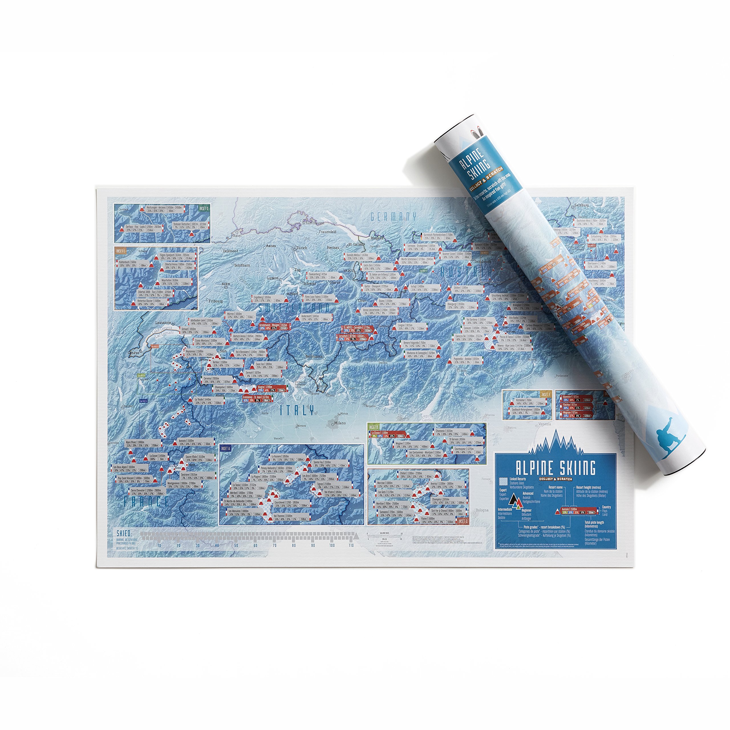 Scratch Off Alpine Ski Resorts Print - Maps International - poster gift for skiing/snowboarding enthusiasts - alps peaks - gift tube - a2 sized 59.4 (h) x 42 (w) cm