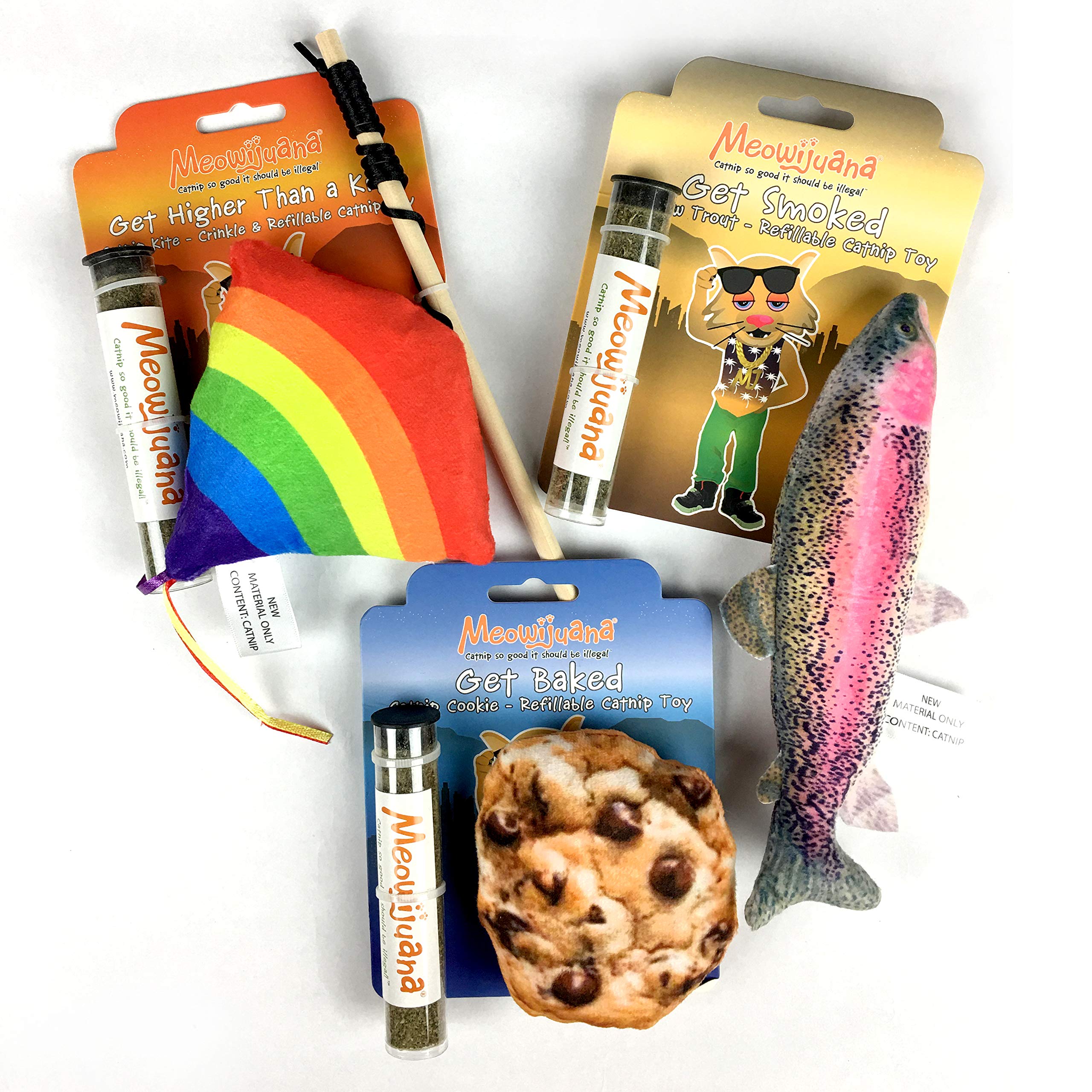 Meowijuana | Toy Bundle 2 | Get Higher Kite, Get Baked Cookie, and Get Smoked Fish | Promotes Play and Cat Health | Includes Organic Catnip