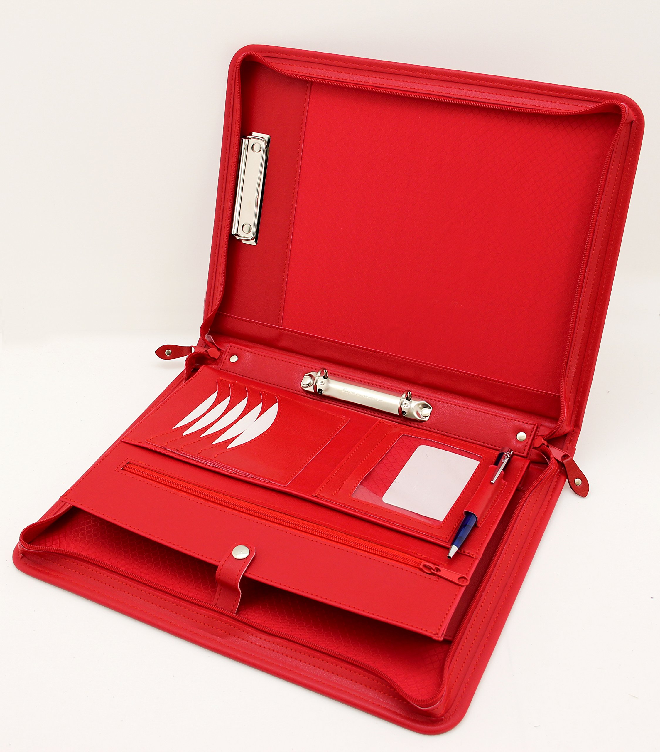 Noda Faux Leather Zippedo Portfolio Business Conference A4 Folder Padfolio 2 Rings Binder with Clipboard and Handle (Red)