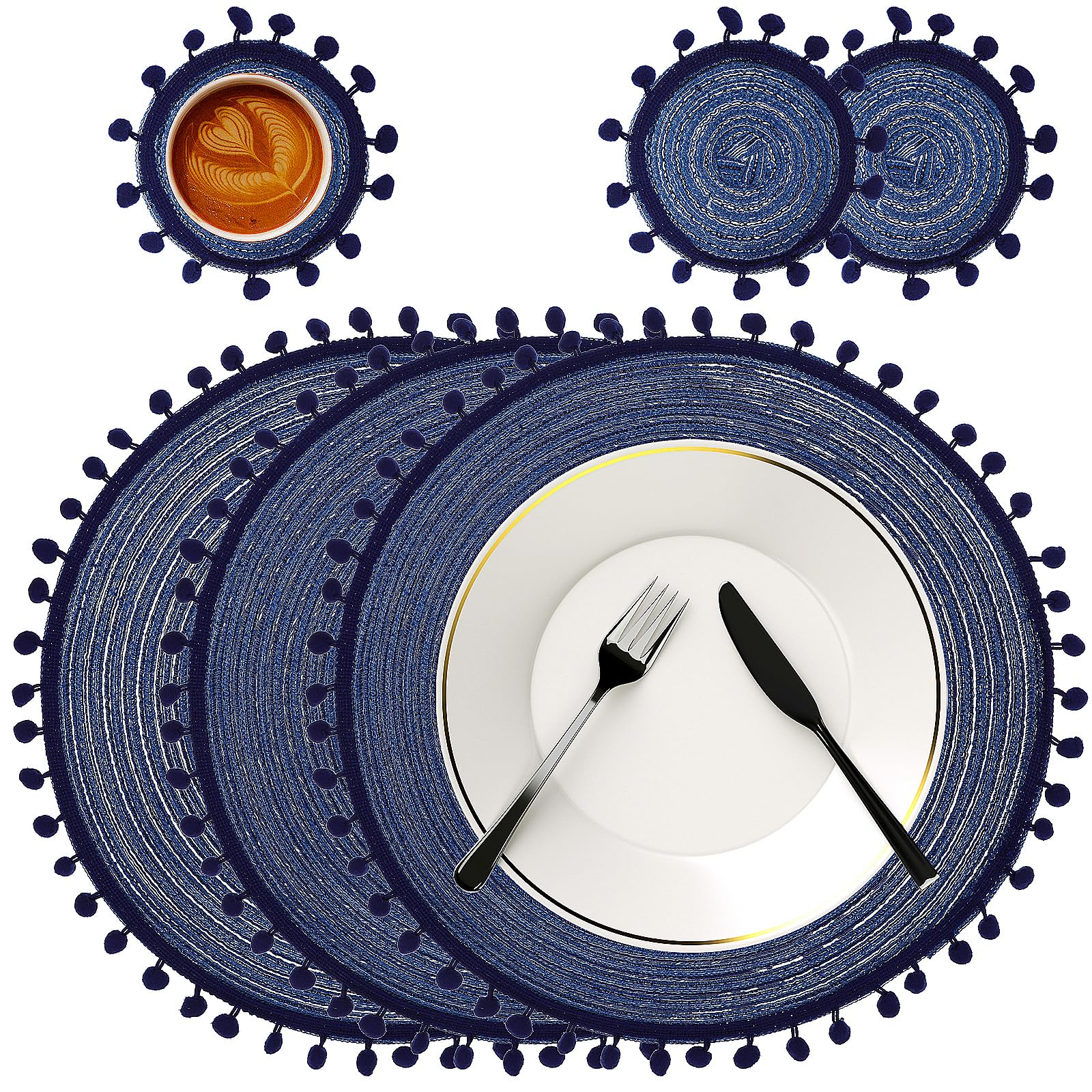 ABOOFAN Placemats and Coaster Sets of 3 Round Table Mats Non-Slip Washable Kitchen Dining Place Mats for Home Restaurant Hotel Outdoor Christmas Party(Blue)