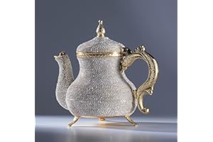 DEMMEX Handcrafted Stunning Turkish Moroccan Arabic Decorative Gold Teapot Pitcher Pot Kettle with Crystals Rhinestones, Hand