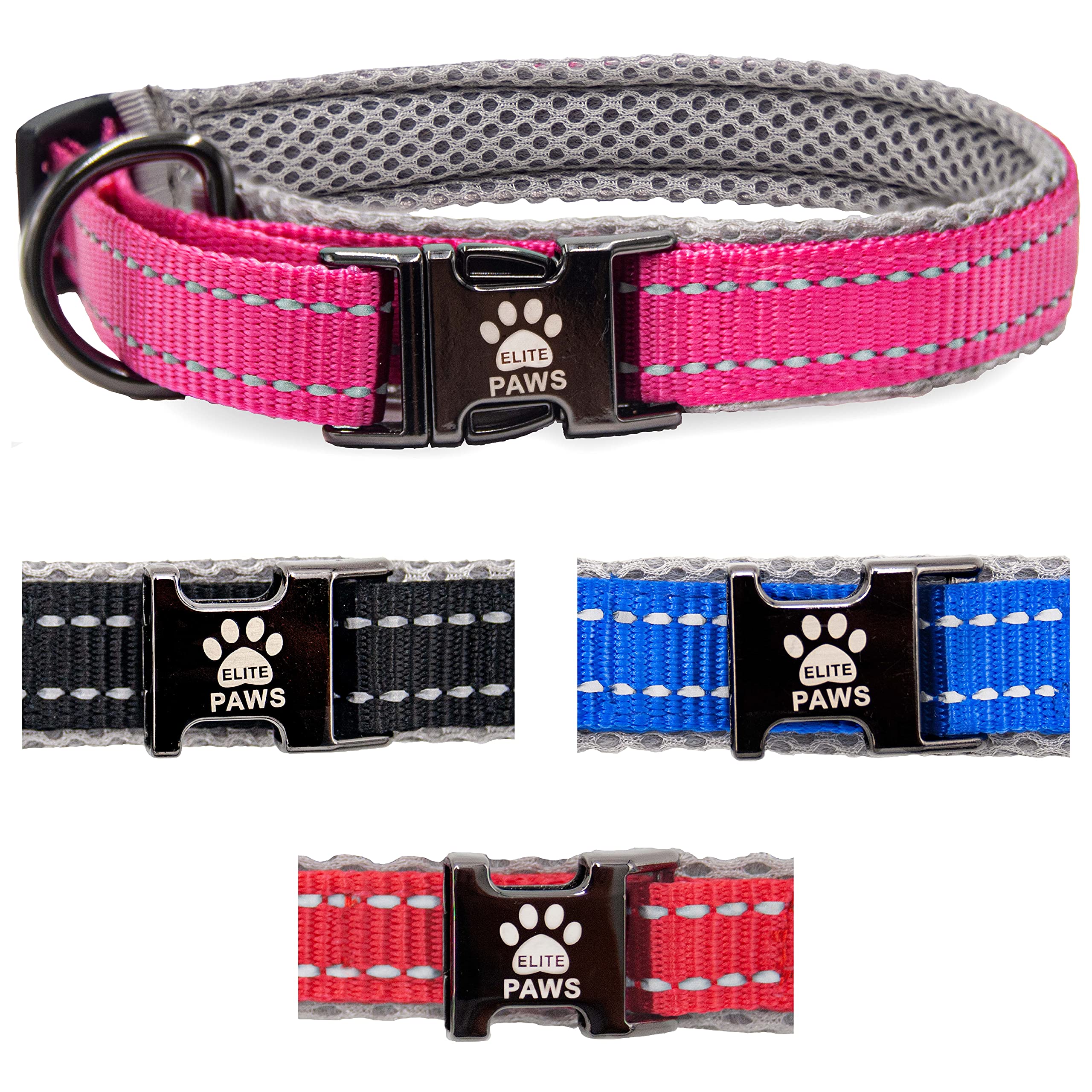 Elite Paws® UK: Premium Metal Buckle Dog Collar, Strong, Safe, Padded, Comfortable, Reflective, Adjustable, Secure Fit with Metal Lead Attachment, Puppy Walking/Training Product (30cm-35cm, Pink/Grey)