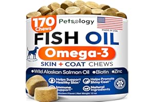 PETSOLOGY Omega 3 Fish Oil for Dogs - 170 Chews - Omega 3 for Dogs Itchy Skin & Allergy Relief - Skin & Coat Supplement - EPA & DHA Fatty Acids - Dog Anti Shedding & Hot Spot Treatment - Salmon Oil