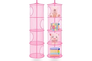 COASTAL ROSE 2Pcs Stuffed Animal Storage Foldable Stuffed Animal Net or Hammock Organizer, 4 Compartments Hanging Mesh Toy Storage Hammock for Kid Room Toys, Gloves, Hats, Socks（Pink）