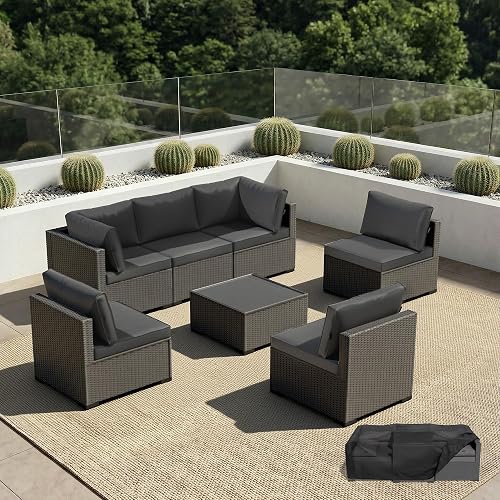LAWNOOK Patio Furniture Set - All-Weather - 7 Piece Patio Outdoor Conversation Set, Modular Wicker Rattan Sectional Sofa for Backyard, Garden, Poolside, Balcony, Porch, Patio,Black/Dark Gary