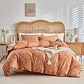 AMWAN Queen Size Comforter Set Burnt Orange, 3 Pieces Queen Terracotta Bedding Sets, Vintage Botanical Bedding Set, 1 Comforter with 2 Pillowcases, Aesthetic Floral Comforter Set for All Seasons