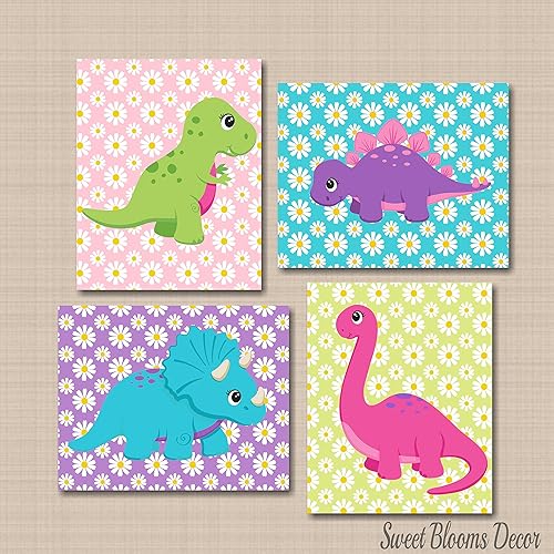 Dinosaur Nursery Decor Girl Dinosaur Nursery Wall Art Dinosaur Kids Wall Art Pink Purple Teal Green Dinosaur Nursery Decorations Unframed Set Of 4