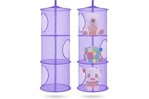 COASTAL ROSE 2Pcs Hanging Mesh Space Saver Bags Organizer, Foldable Storage Organizer 3 Compartments Toy Storage Organizer for Kid Room Toys, Gloves,Hats,Socks Storage, Purple