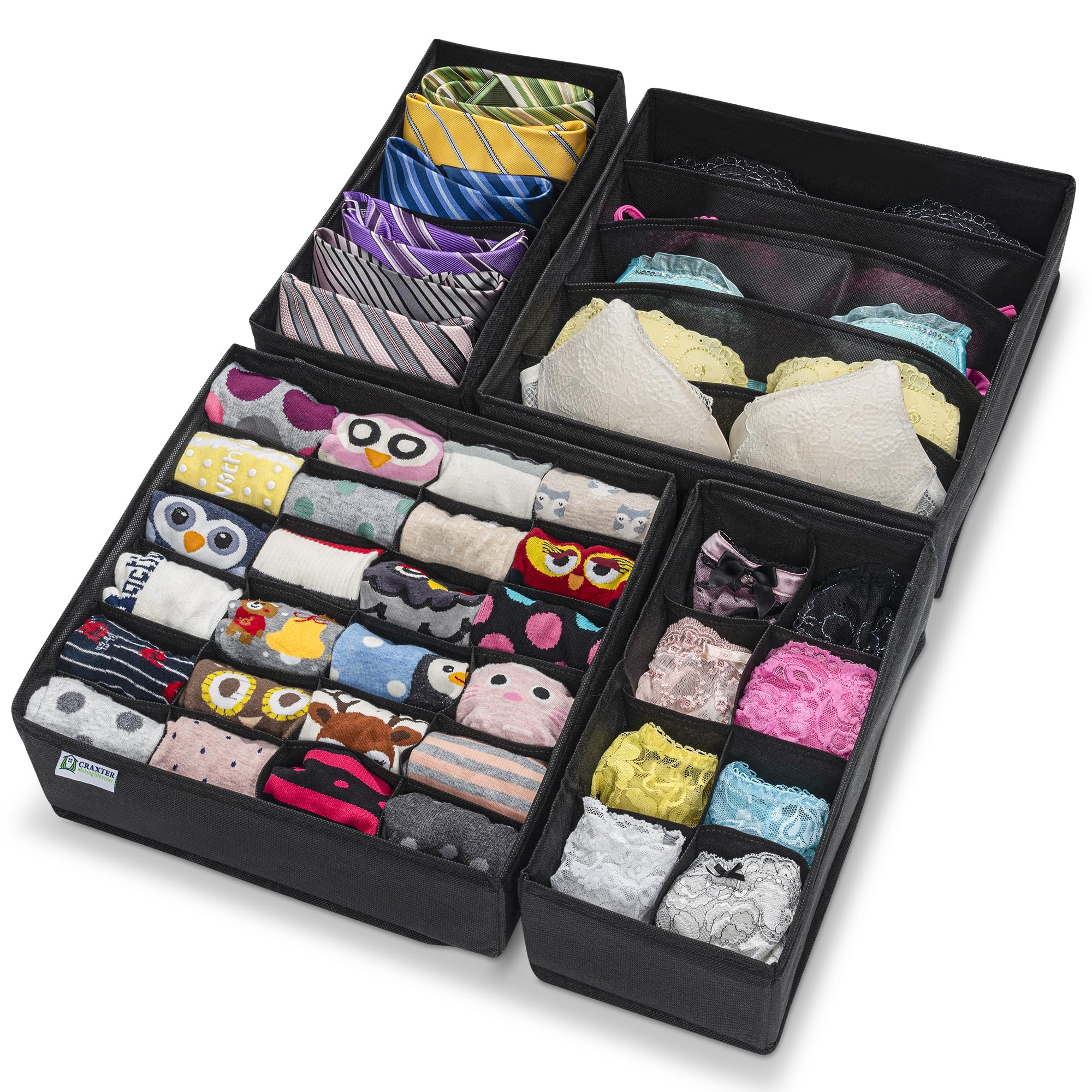 Craxter Underwear Drawer Organiser Divider – Set of 4 Fabric Drawer Dividers for Clothes, Foldable Wardrobe Draw Organizer for Baby clothes, Socks, Bras, Scarf, Ties, Belts, Knickers — image 1