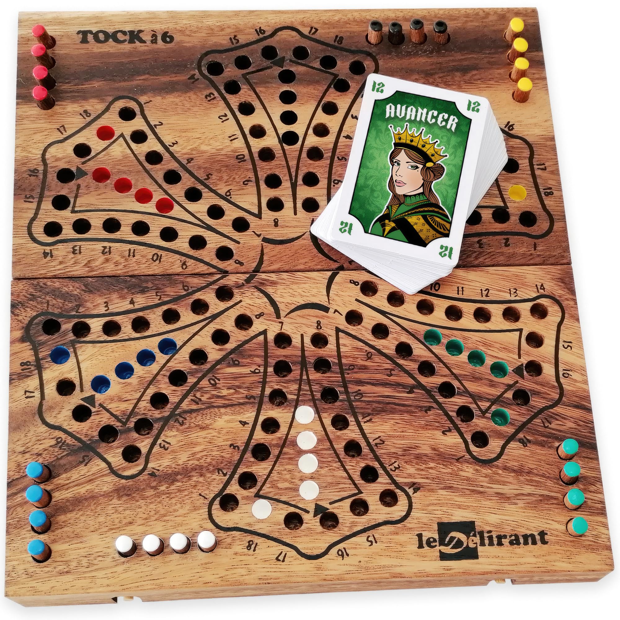 TOC 6 BOARD GAME - TOCK in colour. From 2 to 6 players from 7 yo, family strategy board game in eco-friendly solid wood - CE standards. Brand : le Délirant®, easy to store with reclosable board.
