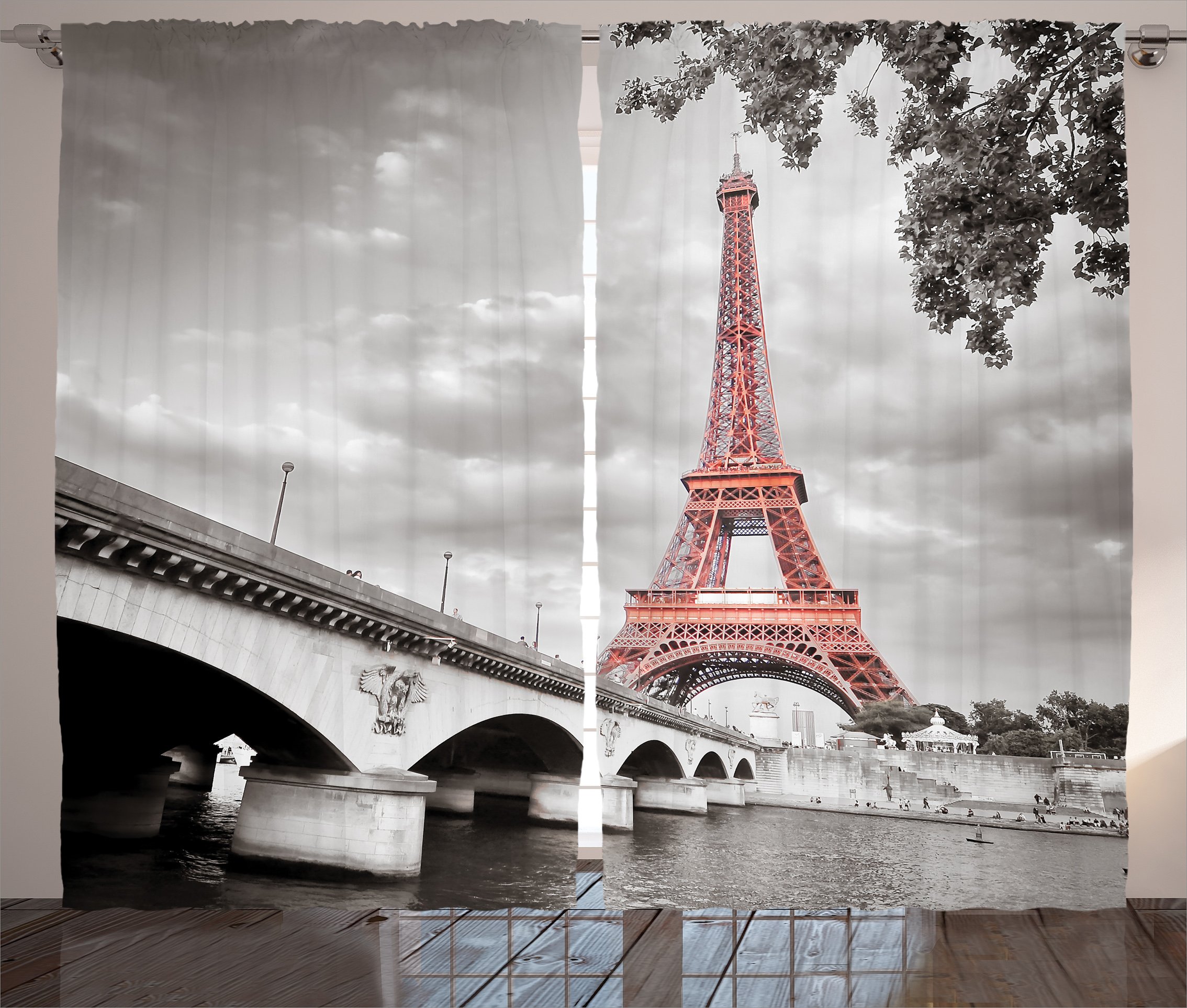 Ambesonne Paris Curtains, Eiffel Tower and Bridge
