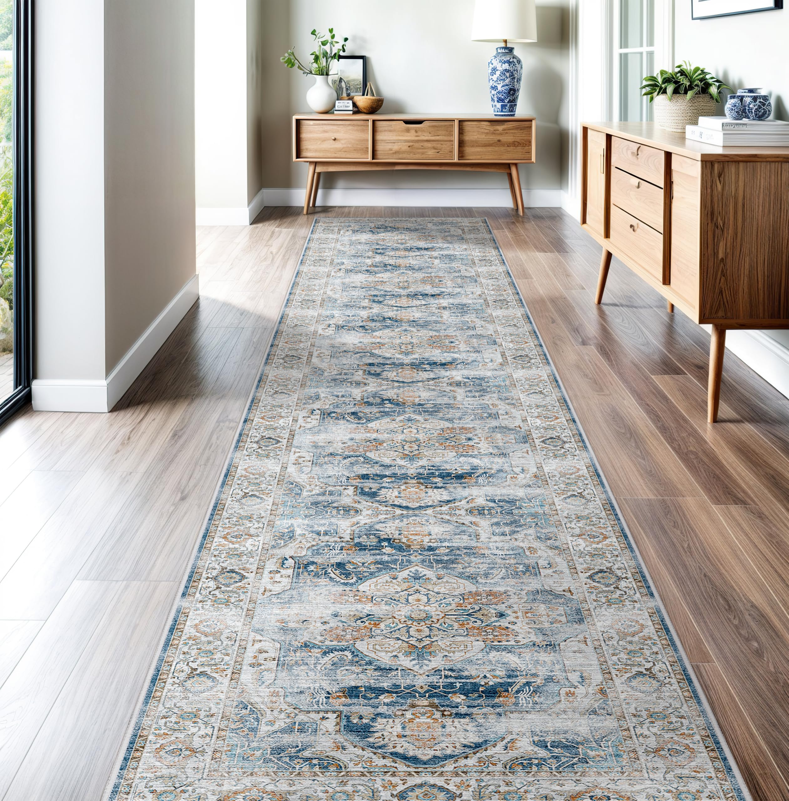 Photo 1 of Madane Hallway Runner Rug 2'6''x14' Kitchen Runner, Non Slip Vintage Runners for Hallways Washable Kitchen Rugs Soft Low Pile 2.5x14 ft Rug Runner for Laundry Room, Entryway and Bedroom, Navy