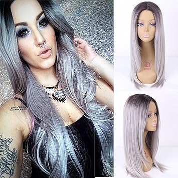 Royalvirgin Seide Gerade Ombre Silber Grau Synthetische Perucke Klebefreien Zwei Ton Natur Schwarz Grau Hitzebestandig Haar Perucken Fur Frauen Amazon De Beauty