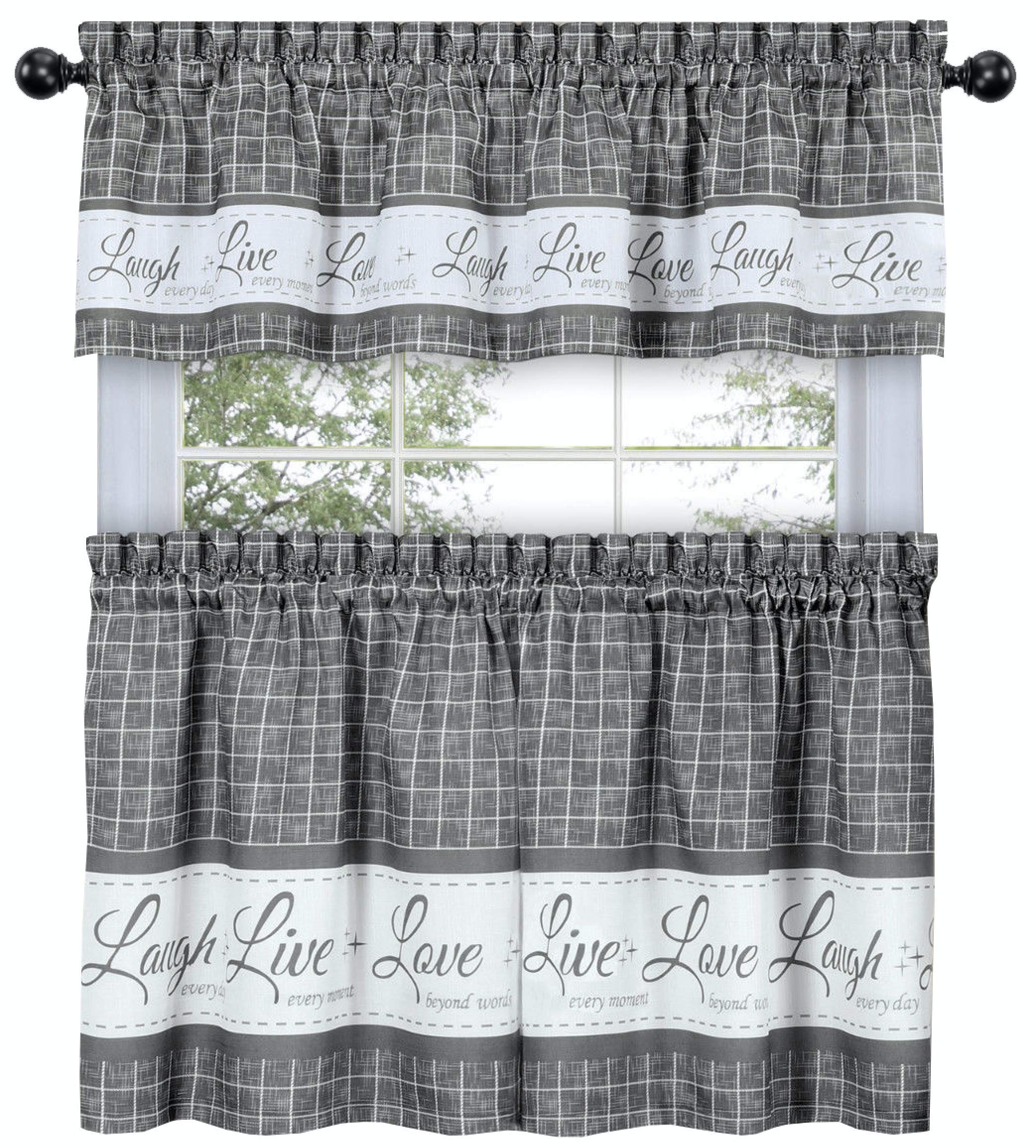 GoodGram Country Gingham Check Live~Laugh~Love 3 Pc. Café Plaid Kitchen Curtain Set - Assorted Colors & Sizes (Gray, 24 in. L)