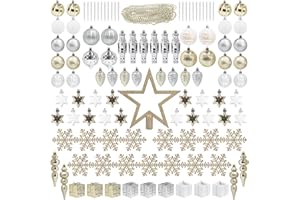ITART 115pcs Christmas Tree Ornaments Assortment Champagne Silver and White Including Star Tree Topper Balls Large Snowflakes Pine Cone Nutcracker Figurines Beads Garlands for Christmas Tree Decor