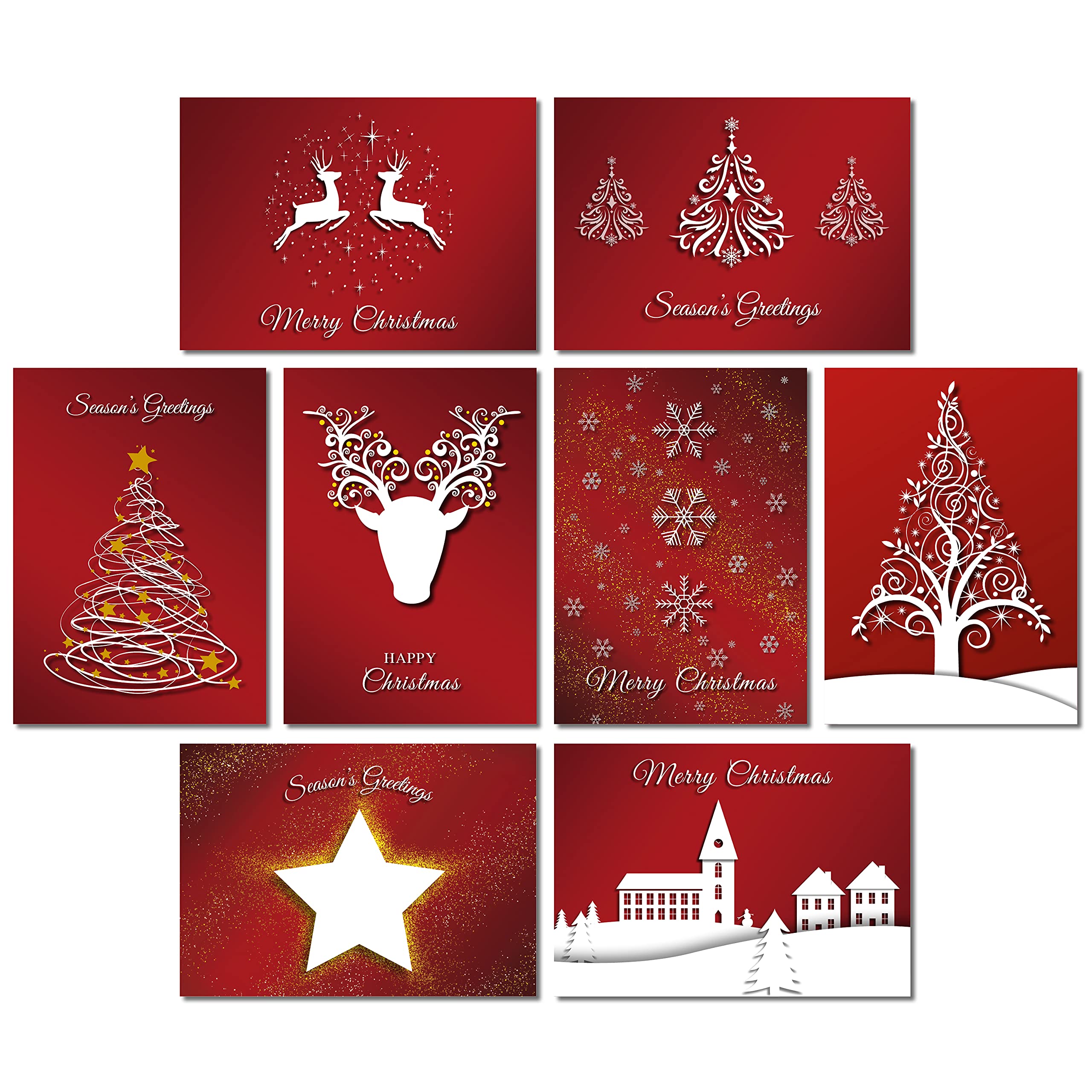 Charity Christmas Card Pack of 24. Each Christmas Card Multipack has 8 Different Festive Red Designs. Ecofriendly and UK Made. Verse Inside. 172 x 122mm Card Size.