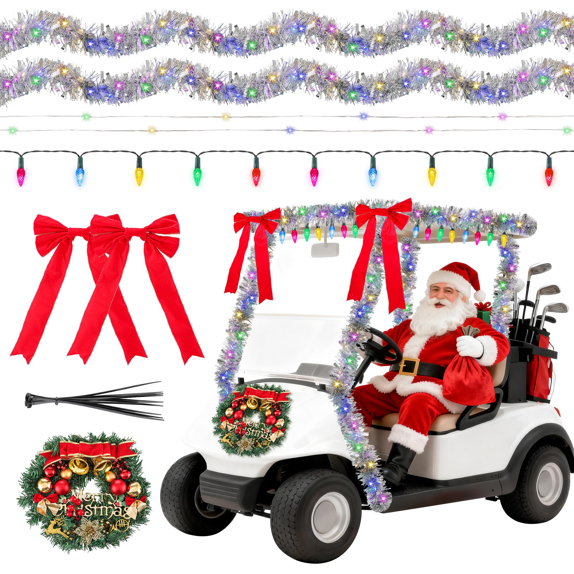Photo 1 of 18 Pcs Christmas Golf Cart Decorations Kit, Xmas Parade Golf Car Decor-Christmas Wreath Bow, Silver Tinsel Garland, Decorative String, Colorful LED Lights for Xmas Holiday Parade Decoration