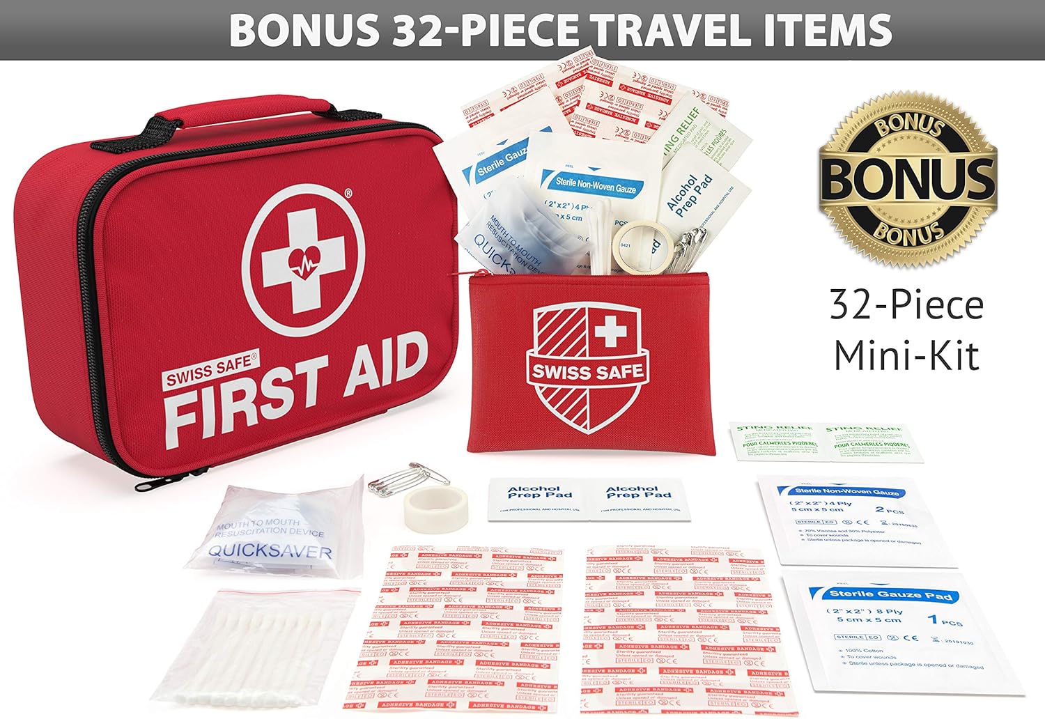 Swiss Safe 2-in-1 First Aid Kit (120 Piece) + Bonus 32-Piece Mini First Aid Kit: Compact, Lightweight for Emergencies at Home, Outdoors, Car, Camping, Workplace, Hiking & Survival : Sports & Outdoors