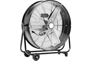 Amazon Basics 24" 215W High-Velocity, Heavy-Duty Industrial Fan, Drum Fan, with UL-Certified Safety Compliance, 2 Speeds, Up to 8820 CFM, 5.9-ft Power Cord, 2 Wheels, Metal Housing/Blades, Black