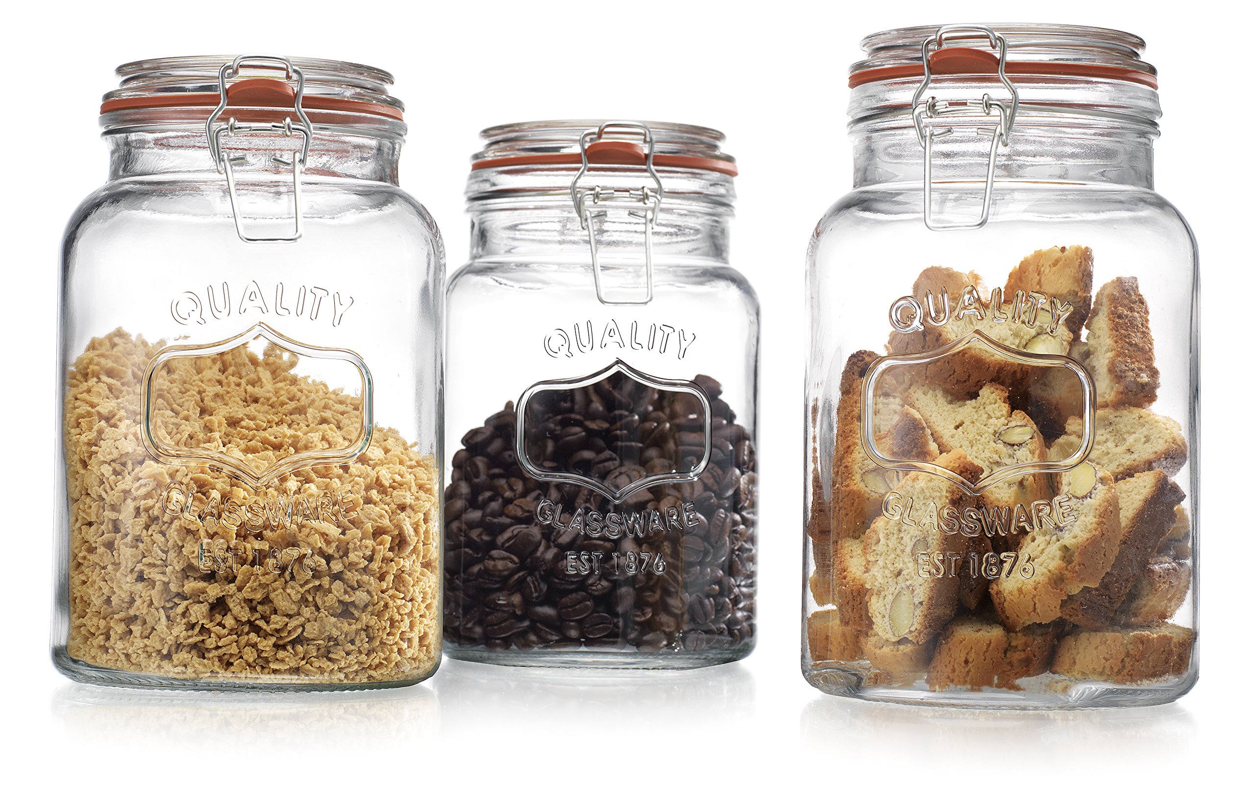 Glass Canister Quality Set of 3 Clear Round Jars with Hermetic Seal Bail & Trigger Airtight Lock