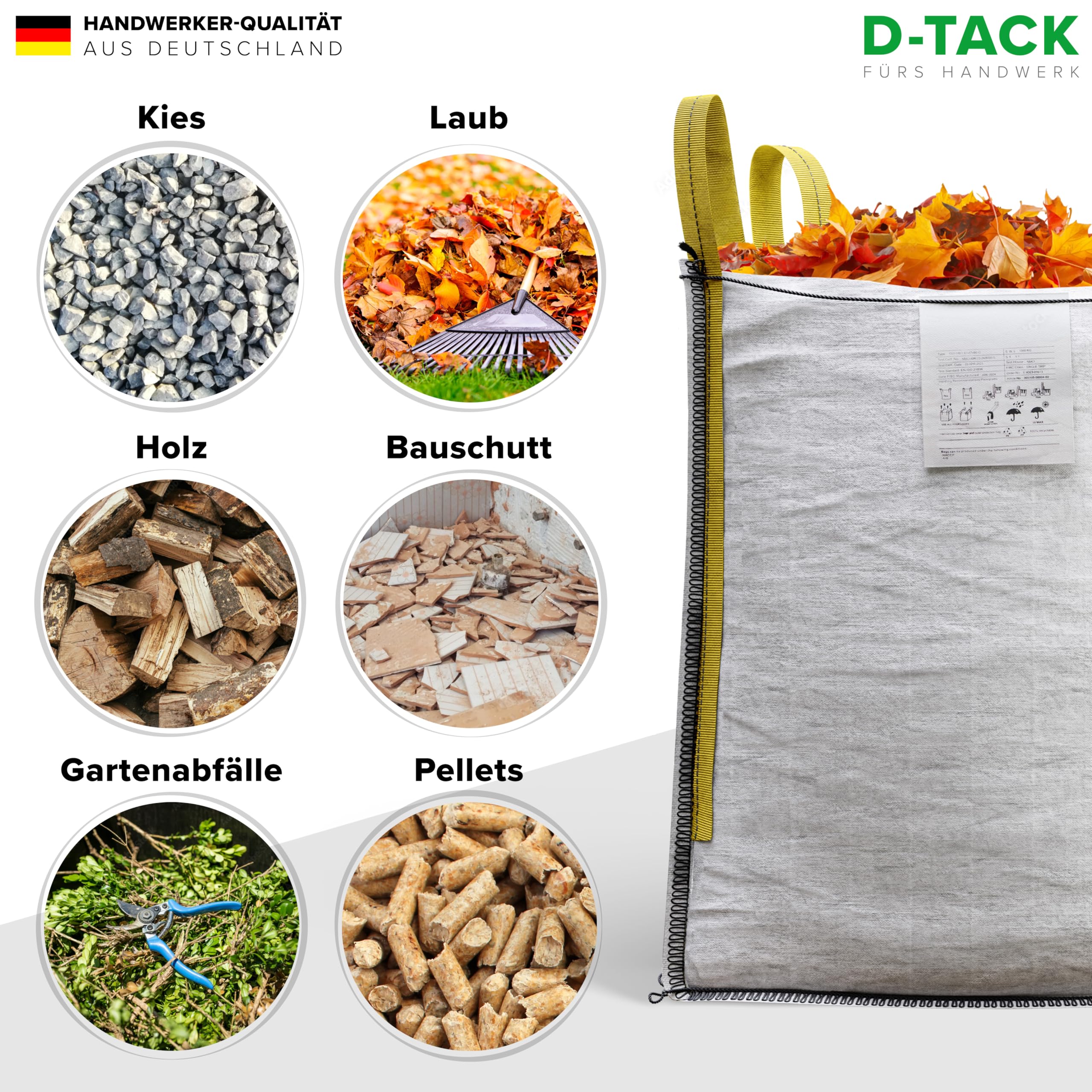 D-TACK 1x Big Bag | 45 x 45 x 60 cm | Säcke für Bauschutt, Holz, Laub, Kies, Sand, Erde, Gartenabfall, Grünschnitt, Pellets | 4 praktische Trageschlaufen | 500 kg | Witterungsbeständig 4