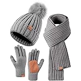 Winter Beanie Hat Scarf Gloves Set for Women, Womens Beanie with Pom Pom Long Scarf Neck Warmer Touchscreen Gloves 3 in 1 Set