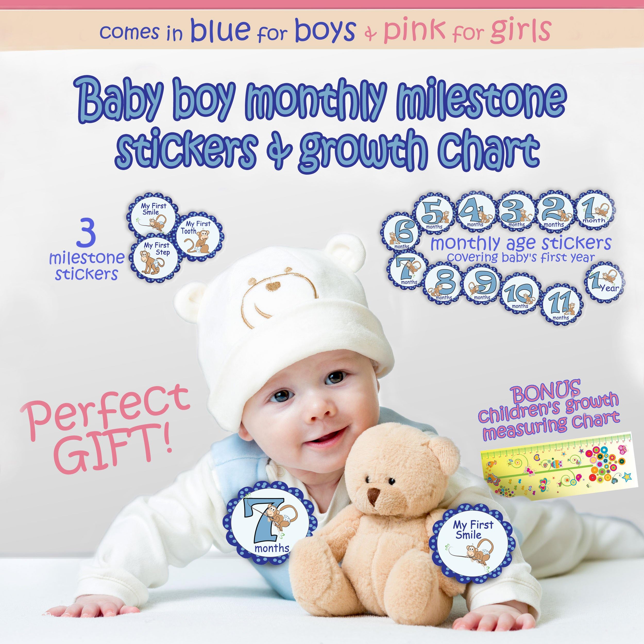 Baby Monthly Stickers Boy - place on onesies or on baby clothing