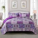 Etwel Queen Size Quilt Set, Purple Quilt Set Queen Size, 3 Pieces Boho Floral Plaid Bedspread Coverlet Set for All Season, Lightweight Cotton Patchwork Reversible Bedding Set, Queen Size 90"x98"