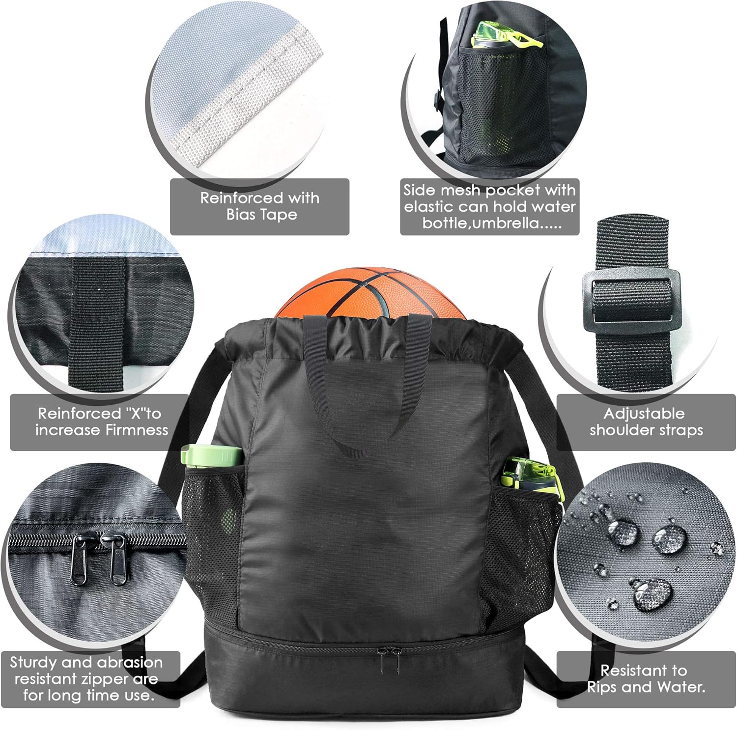 BeeGreen X-Large Dry Wet Basketball Drawstring Backpack with Ball Shoe Compartment, Youth Soccer Bag with 2 Mesh Water Bottle Pocket, Heavy Duty for Sport Workout Gym Swim Beach: Clothing