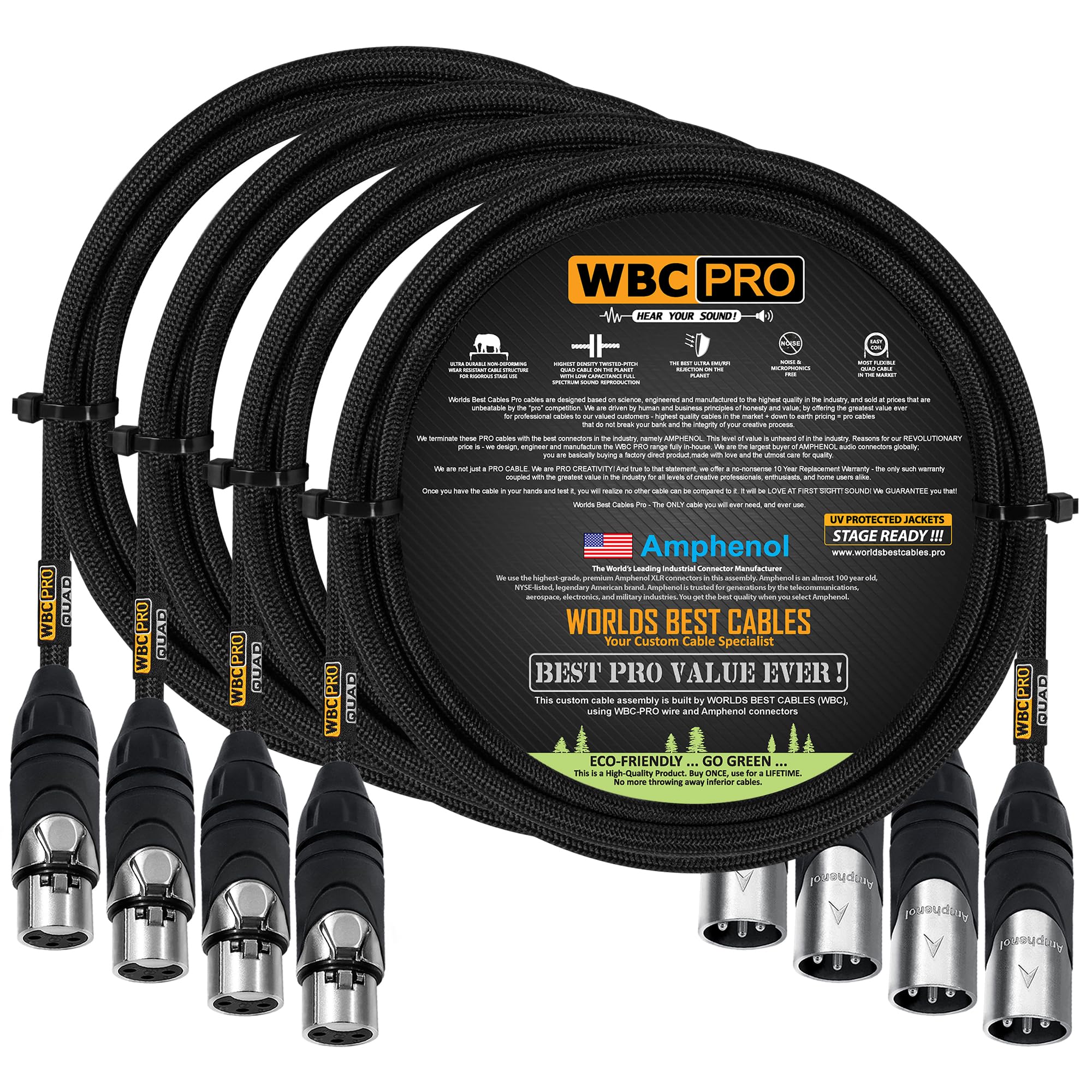 WORLDS BEST CABLES 4 Units - 1.5 Meter - WBC-PRO-QUAD Ultra-Silent Ultra-Flexible Balanced Star-Quad Cable with Amphenol Male & Female XLR Plugs & Black Tweed Jacket