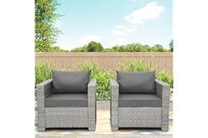 WAROOM Outdoor Sofa Wicker Patio Chairs Set of 2, Porch Single Chair Grey Rattan Deep Seating Armchair Balcony Furniture with Grey Cushion