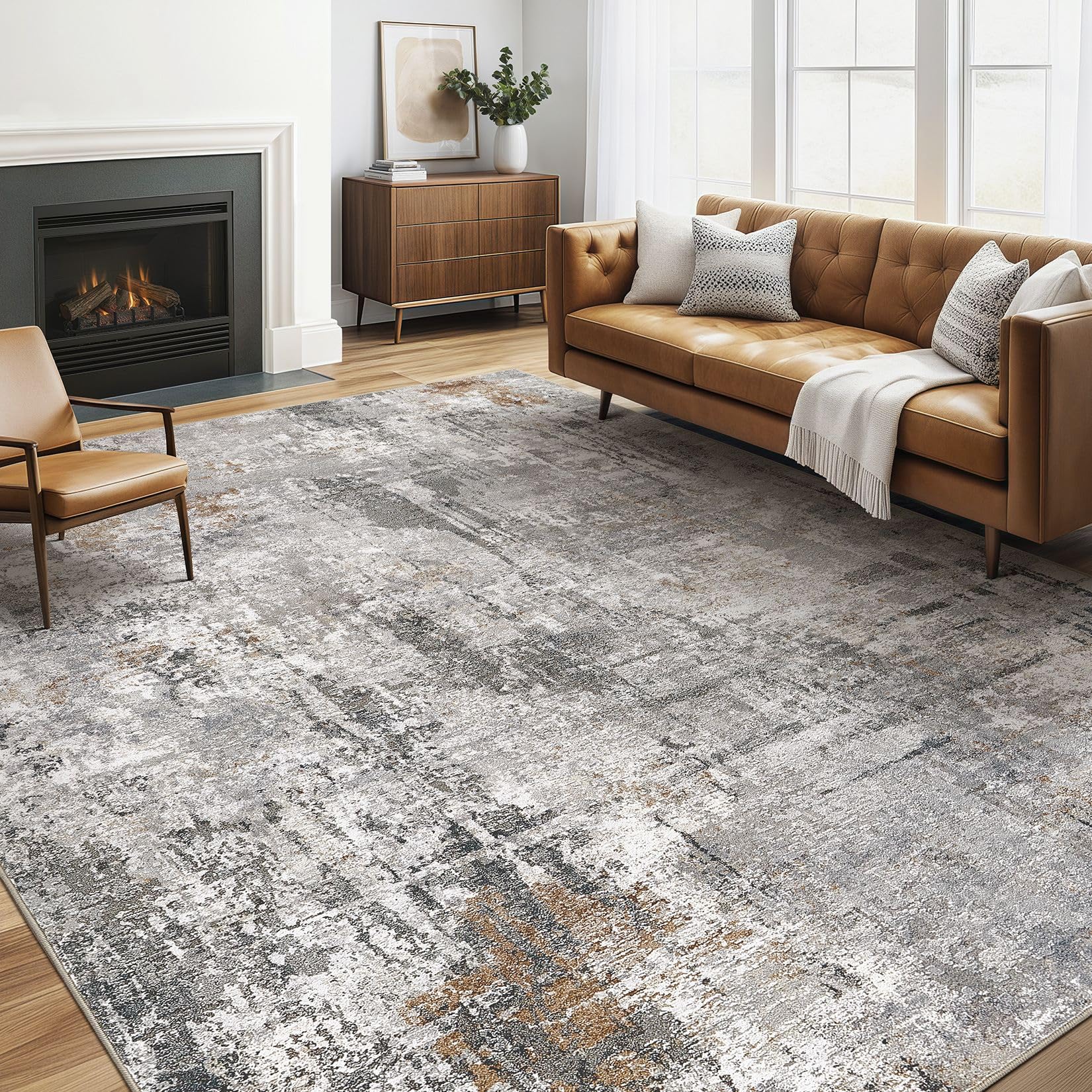 LOONGRUG 5x8 Area Rug Living Room: Washable Large Abstract Soft Stain Resistant Indoor Floor Rugs Non-Slip Accent Carpet for Bedroom Nursery Playroom Office Dining Room Dorm Home House- Gray Rust Image