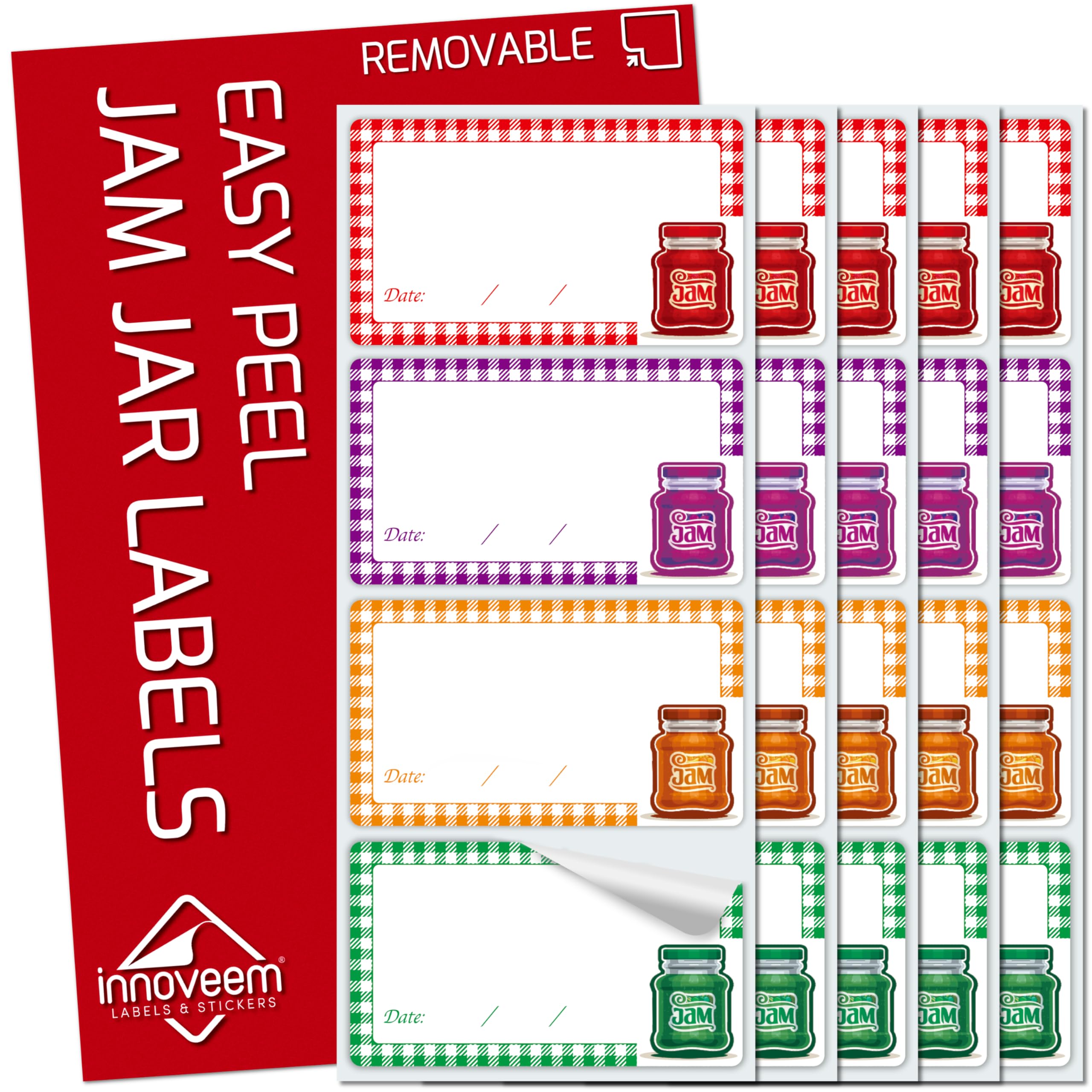 Innoveem Jam Labels for Jars - 64 Waterproof, Self Adhesive, Easy Peel Off - Perfect for Home & Kitchen Use - 8.75x5cm - Multicolor - Brand: Innoveem - Product Type: LABEL - Number of Labels: 64