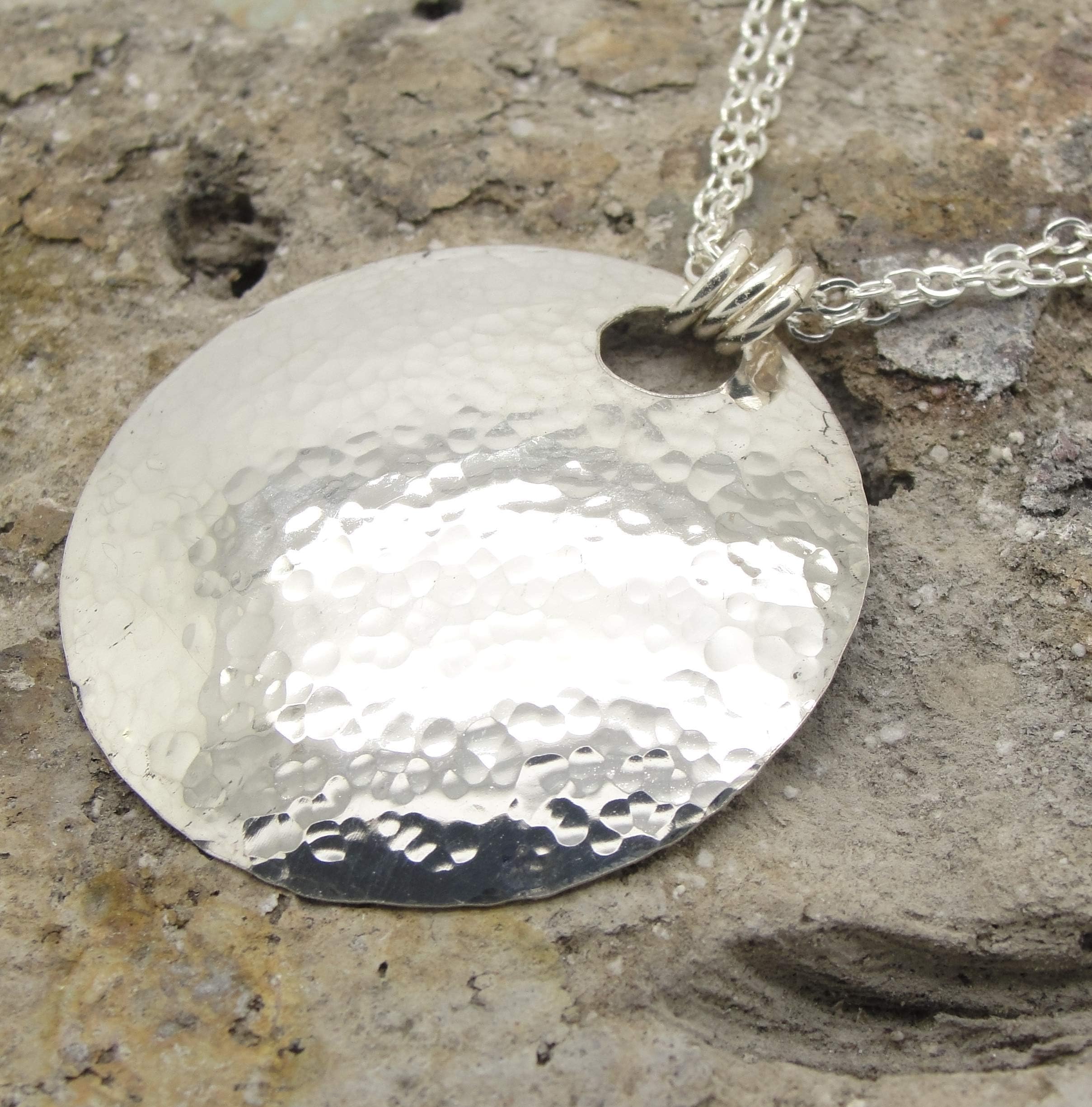 Hammered Sterling Silver Large 1 1/2" Disc Necklace 20" in Style CCJ-325