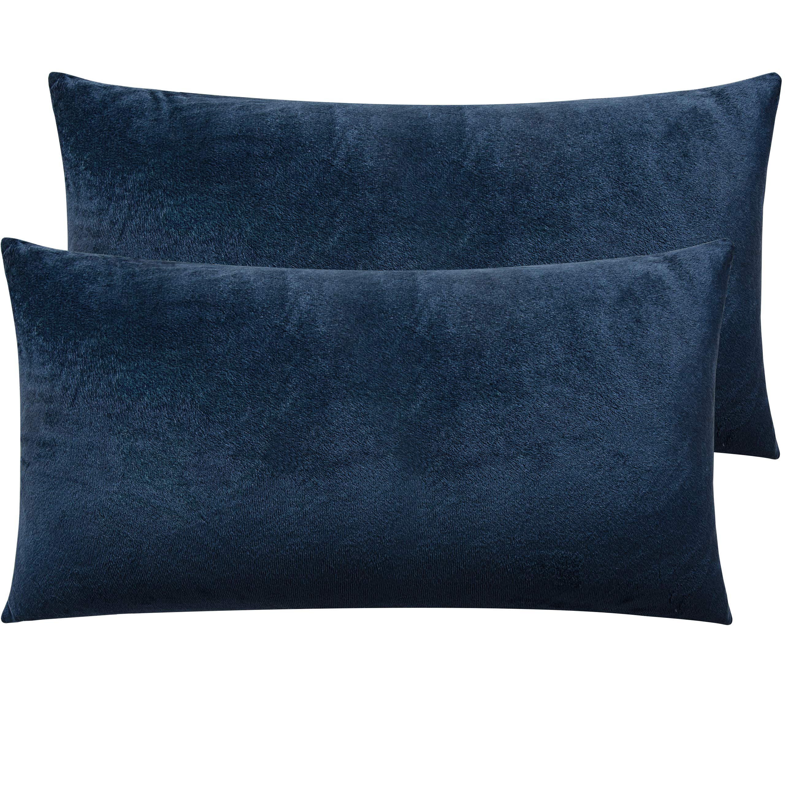 NTBAY 2 Pack Zippered Velvet King Pillowcases, Super Soft and Cozy Luxury Fuzzy Flannel Pillow Cases with Zipper, 50x90 cm, Navy